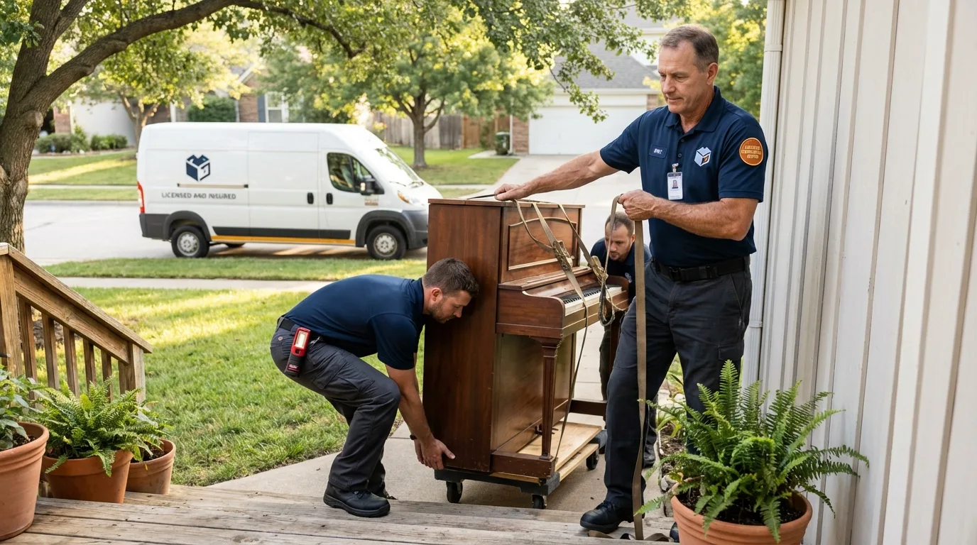 Licensed piano movers securing grand piano in Philo, IL