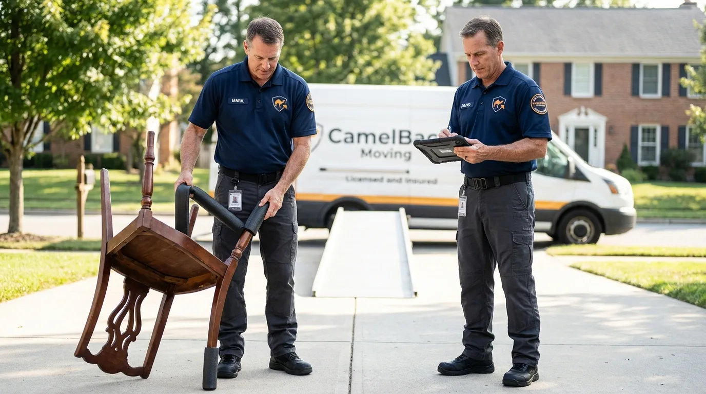 Movers inspecting furniture for damage prevention before loading in Philo, IL