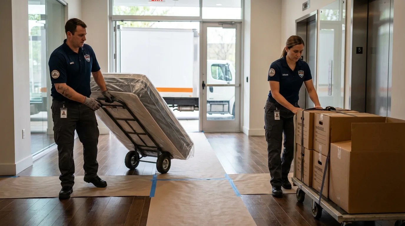 Professional apartment movers loading elevator in Philo, IL