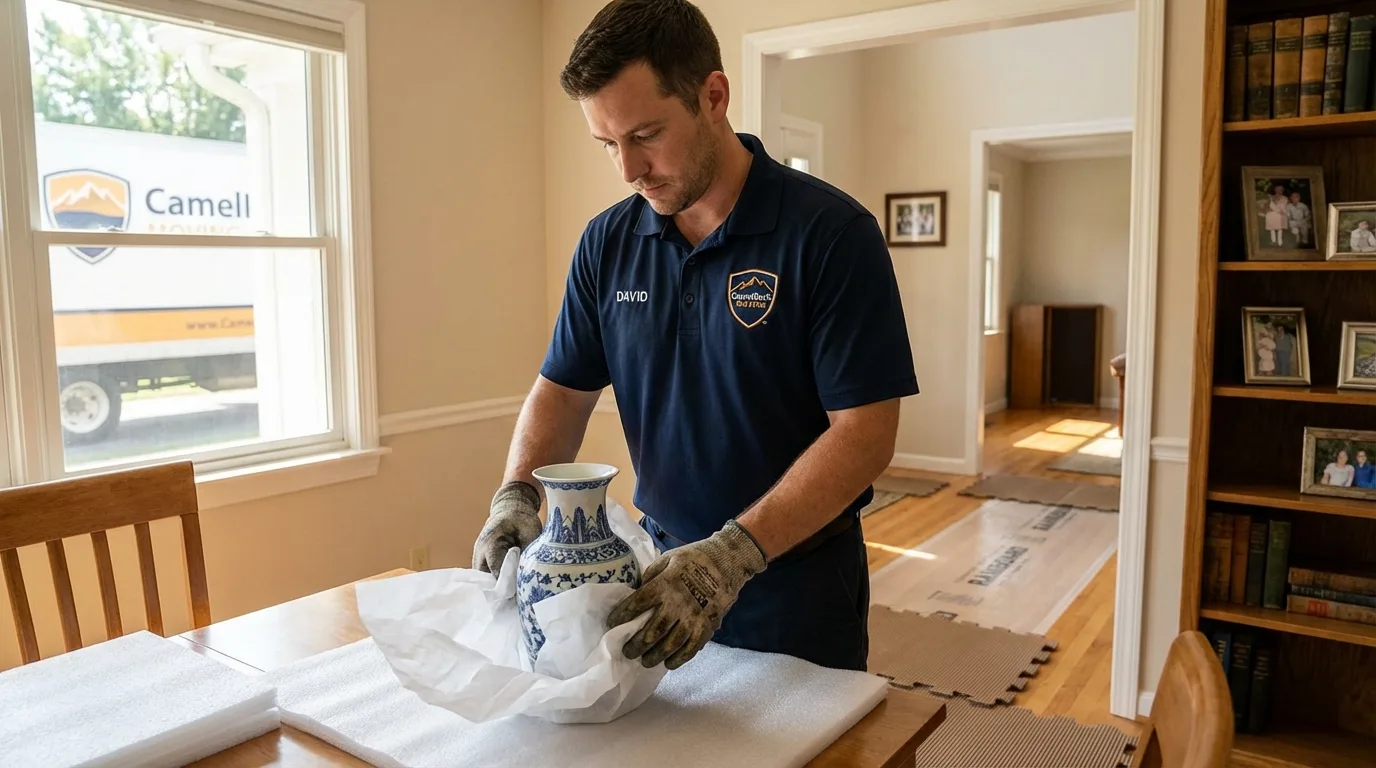Professional crew carefully wrapping antique vase for senior downsizing move in Philo, IL