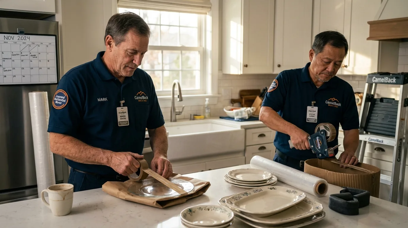 Professional crew packing kitchen dishware in Philo, IL
